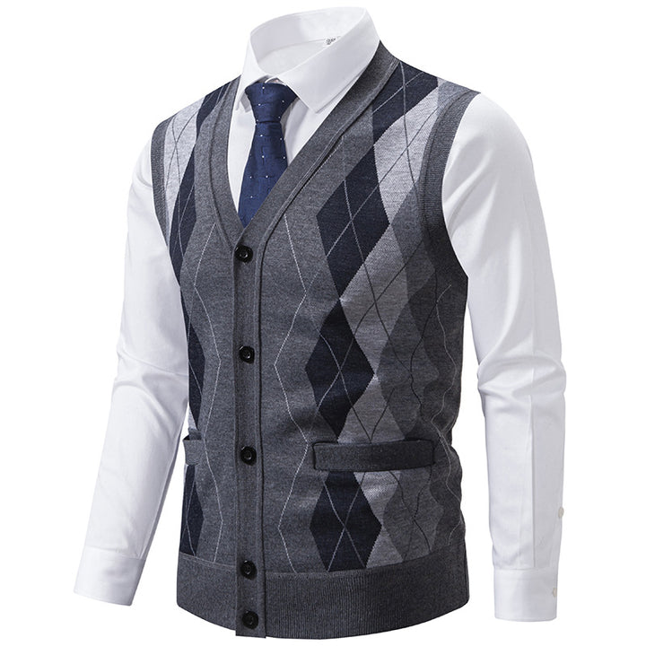 Herren elegante Strickweste mit klassischem Rautenmuster und praktischen Taschen Aliams