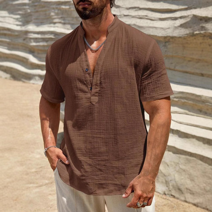 Herren Kurzarm Hemd mit modernem Stehkragen und strukturiertem Stoff Aliams