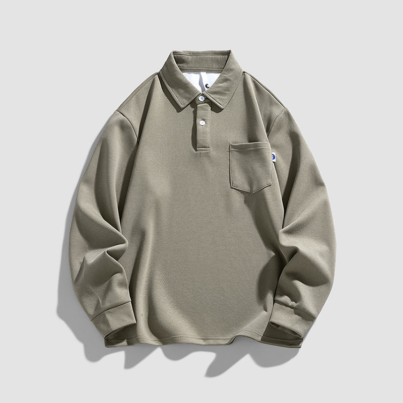 Herren lässiges Langarm-Polo mit Knopfleiste und praktischer Brusttasche Aliams