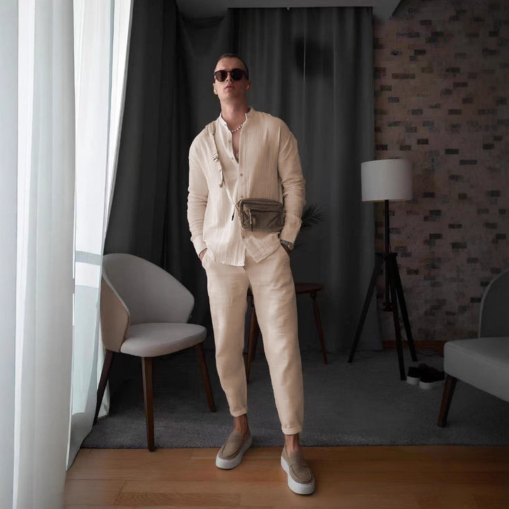 Herren elegantes Langarmhemd mit strukturiertem Gewebe und Knopfleiste Aliams