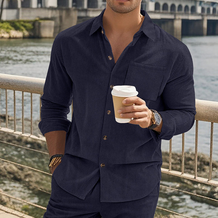 Herren gestreiftes Langarmshirt mit modischem Stehkragen und praktischer Brusttasche Aliams