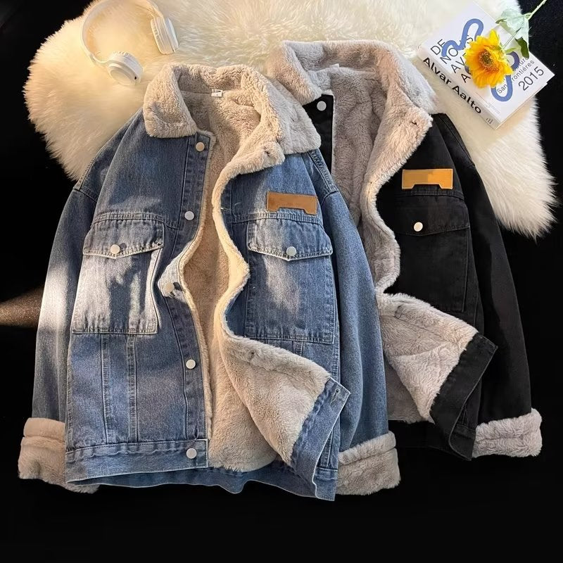 Damen gefütterte Denimjacke mit stylischem Kragen und praktischen Taschen Aliams