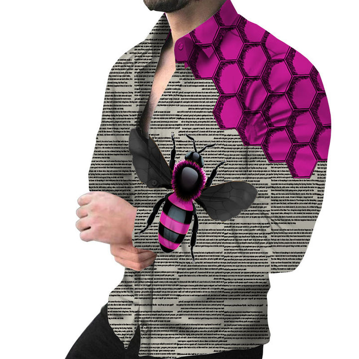 Herren Kreatives Langarmhemd mit künstlerischem Bienenmuster und strukturiertem Design Aliams