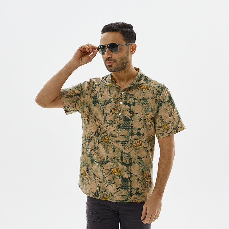 Herren Kurzarm-Hemd mit floralem Muster und modischem Stehkragen Aliams
