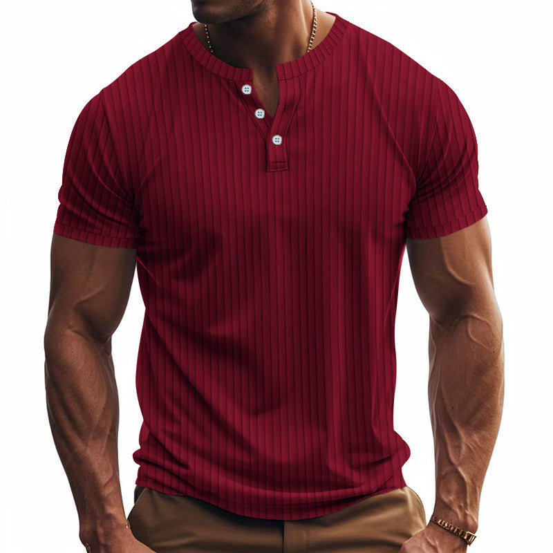 Herren Kurzarm-Henley-Shirt mit strukturiertem Streifenmuster und modischen Knöpfen Aliams
