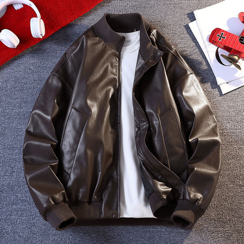 Herren Kunstleder Bomberjacke mit elastischen Rippbündchen und praktischen Taschen Aliams