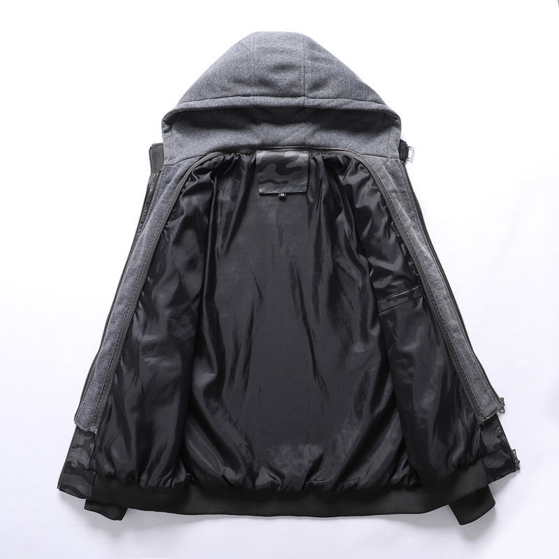 Herren Camouflage-Lederjacke mit abnehmbarer Kapuze und wärmendem Innenfutter Aliams