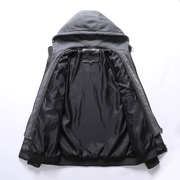 Herren Camouflage-Lederjacke mit abnehmbarer Kapuze und wärmendem Innenfutter Aliams