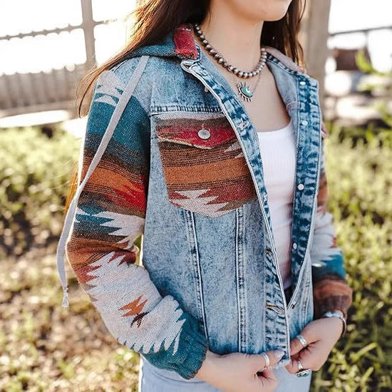 Damen Denimjacke im lässigen Boho-Stil mit Kapuze Aliams