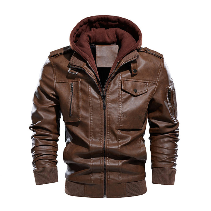 Herren Stilvolle und bequeme Lederjacke mit abnehmbarer Kapuze Aliams