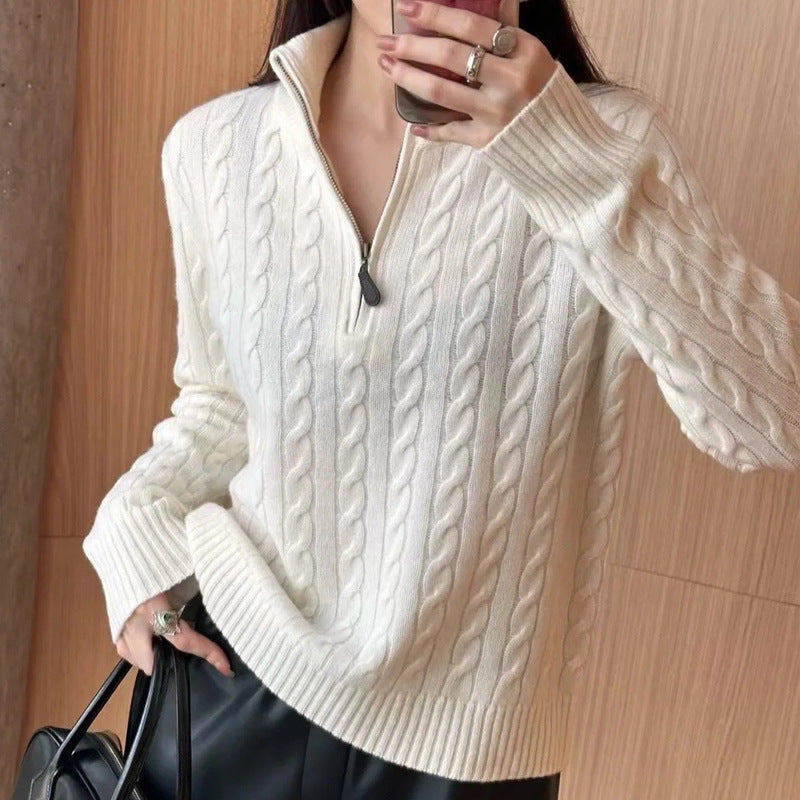 Herren eleganter Strickpullover mit halbem Reißverschluss und Zopfstrickmuster Aliams