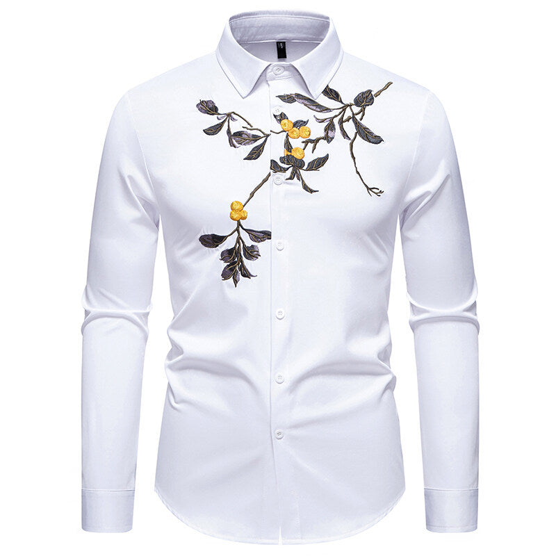 Herren elegantes Langarmhemd mit floraler Stickerei Aliams