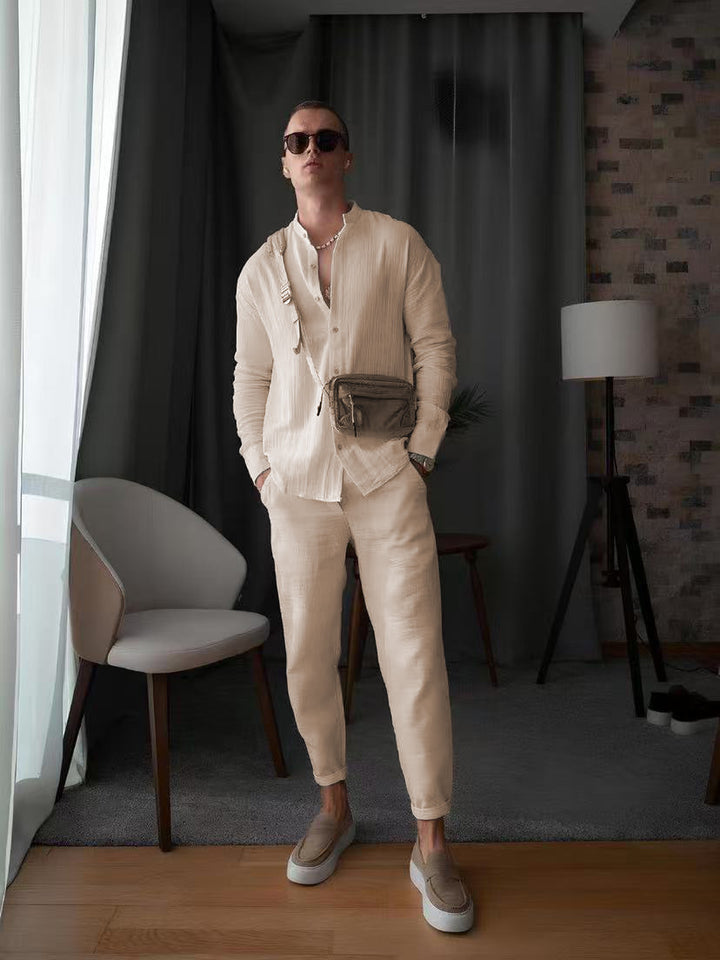 Herren elegantes Langarmhemd mit strukturiertem Gewebe und Knopfleiste Aliams