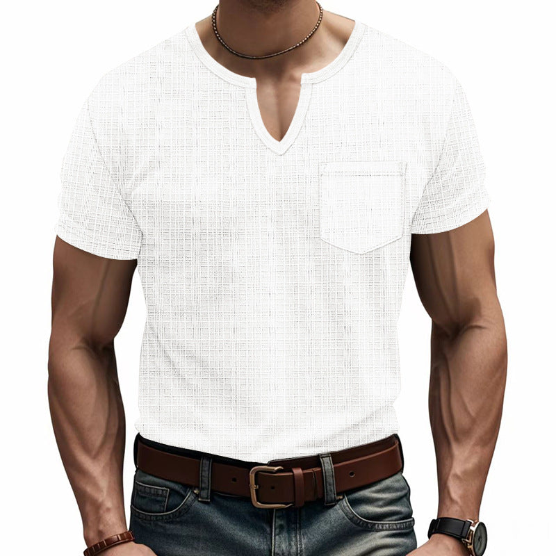 Herren Kurzarm-Henley-T-Shirt mit modernem V-Ausschnitt und praktischer Brusttasche Aliams