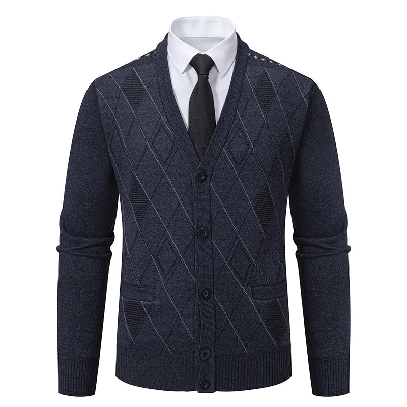 Herren elegante Strickjacke mit Rautenmustern und praktischen Taschen Aliams