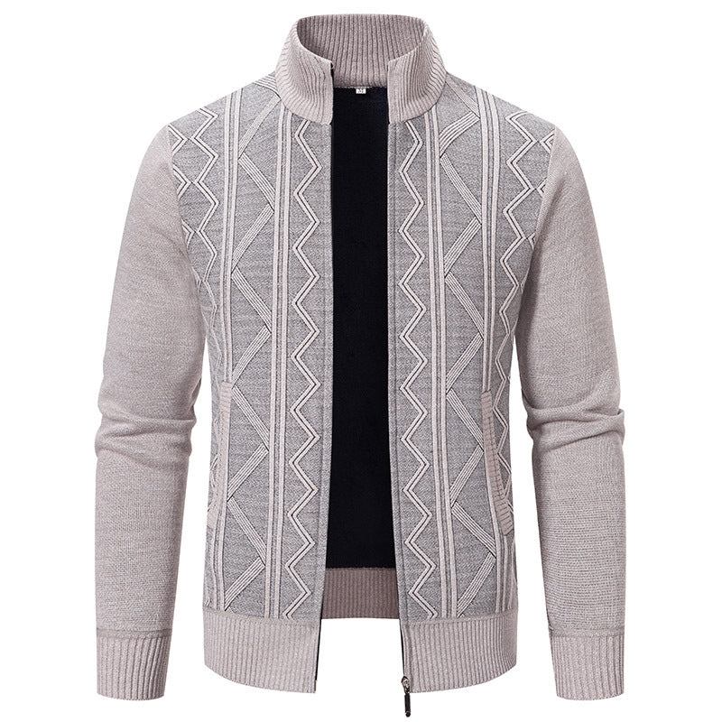 Herren elegante Strickjacke mit strukturiertem Zopfmuster und hohem Kragen Aliams