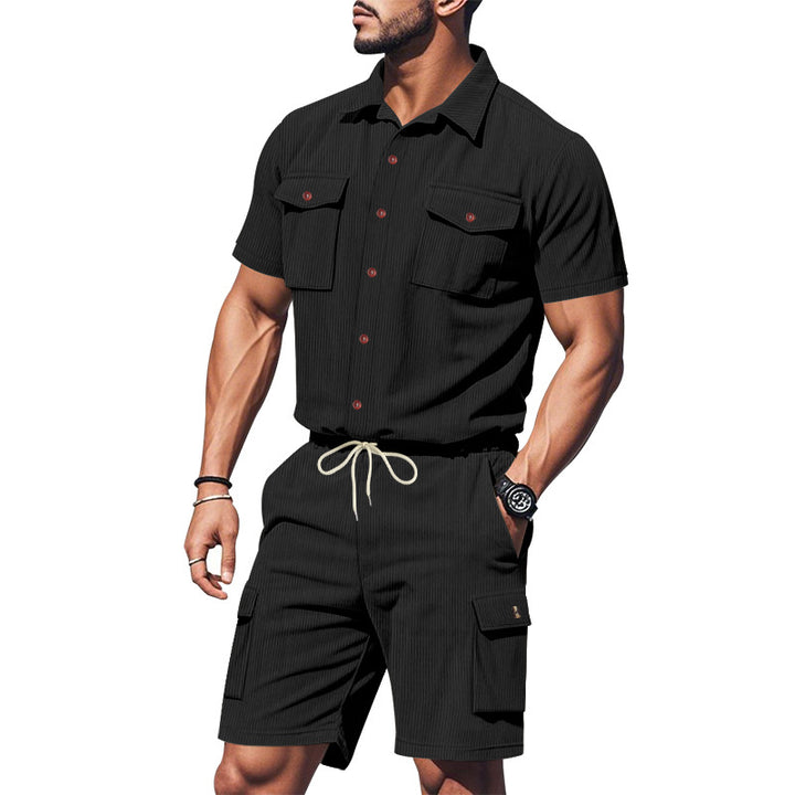 Herren modisches Kurzarm-Hemden- und Cargo-Shorts-Set mit praktischen Taschen und elastischem Bund Aliams