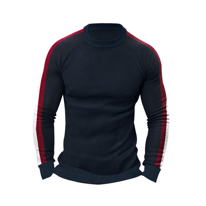 Herren sportlicher Strickpullover mit kontrastierenden Ärmeln und hohem Kragen Aliams