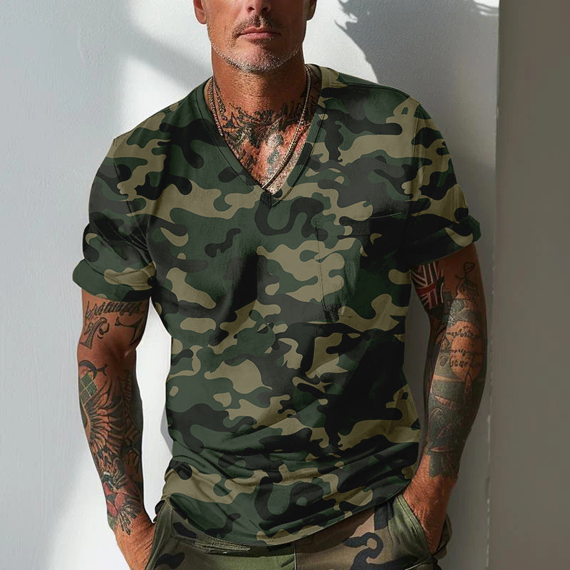 Herren V-Ausschnitt T-Shirt mit modernem Camouflage-Muster Aliams