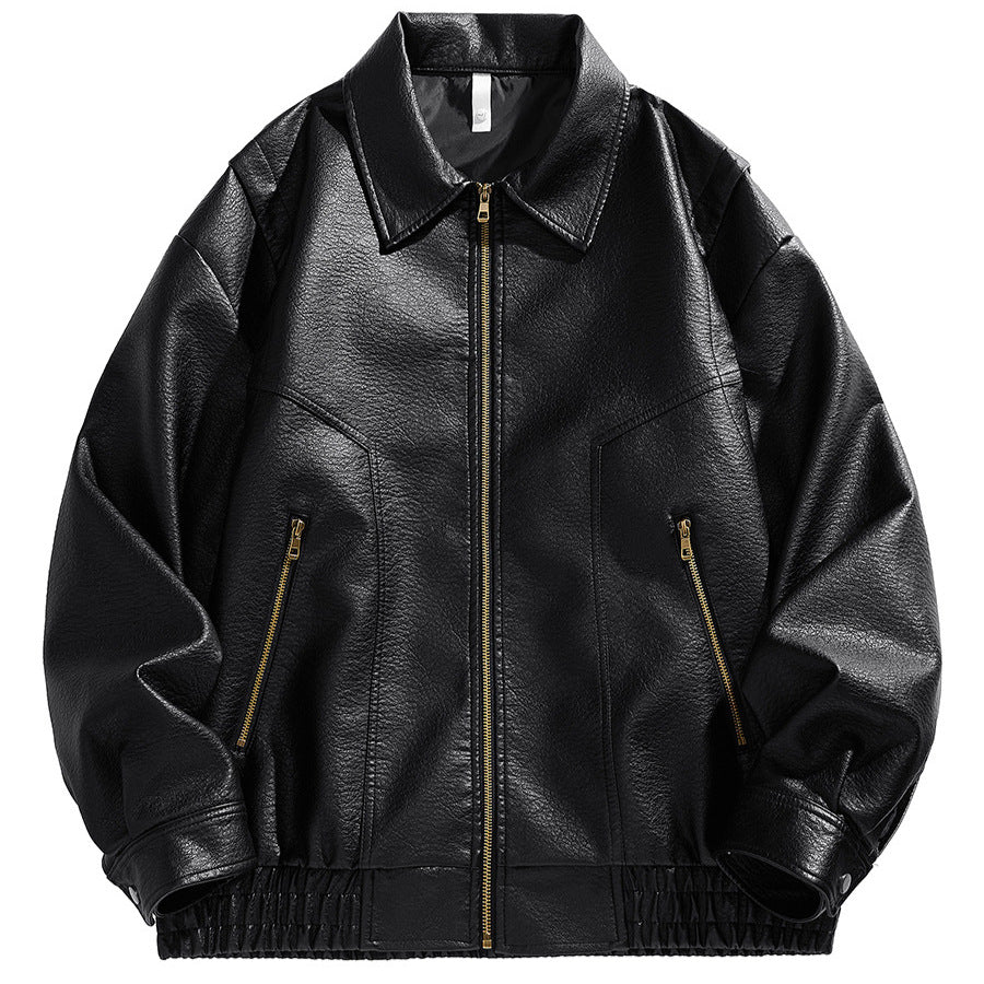 Herren kurz geschnittene Lederjacke mit elastischem Bund und Taschen Aliams