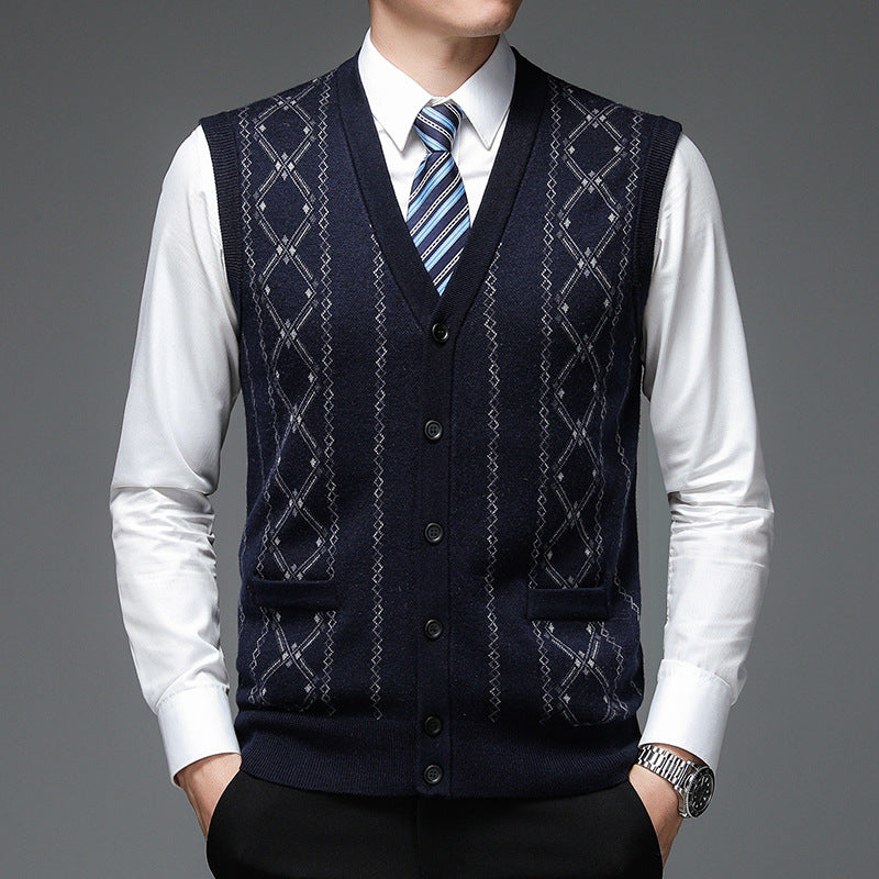 Herren elegante Strickweste mit Rautenmuster und Schalkragen Aliams