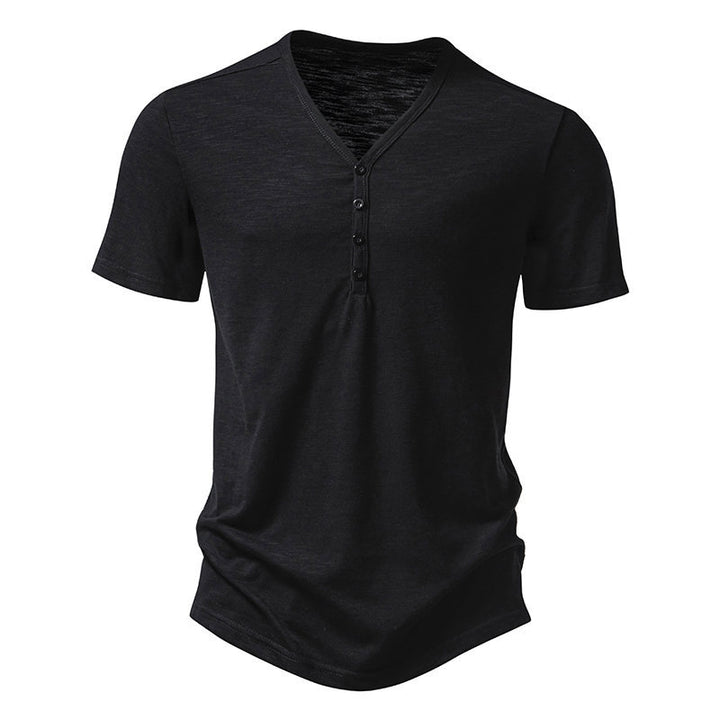 Herren Kurzarm-Henley-Shirt mit V-Ausschnitt und Knopfleiste Aliams
