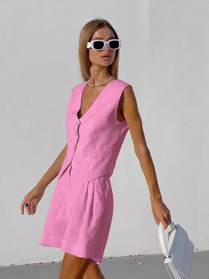 Damen luftiges Leinen-Set mit ärmellosem Blazer und Shorts Aliams