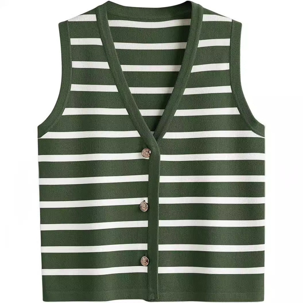 Damen ärmellose Strickweste mit V-Ausschnitt und dekorativen Knöpfen Aliams