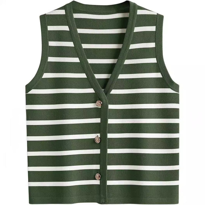 Damen ärmellose Strickweste mit V-Ausschnitt und dekorativen Knöpfen Aliams