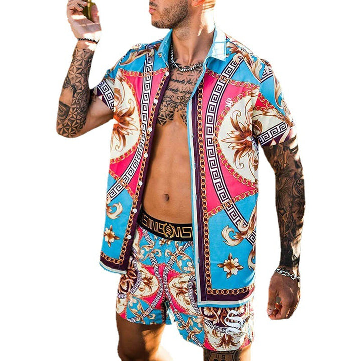 Männer Lebhaftes Tropenprint Kurzarmhemd und Passende Badehose Set Aliams