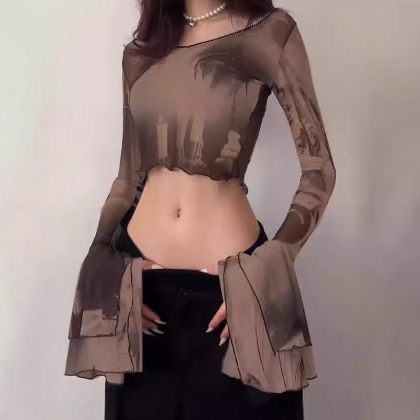 Damen Crop-Top mit transparenten Ärmeln und kunstvollem Druck Aliams