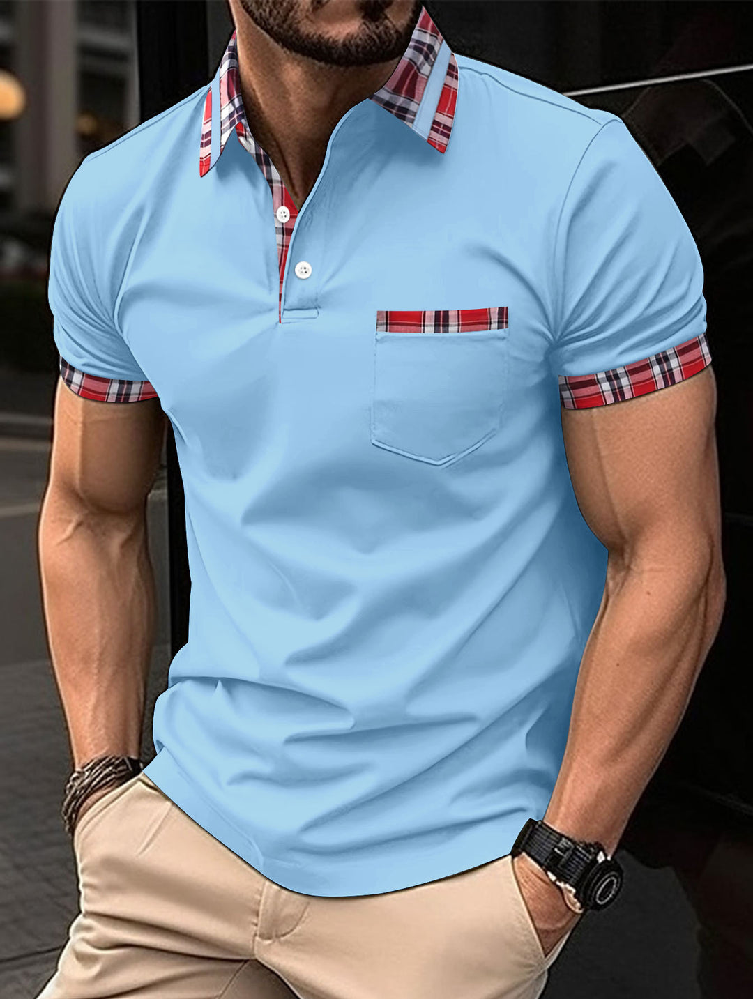 Herren Kurzarm-Casual-Polo mit markanten Karodetails Aliams