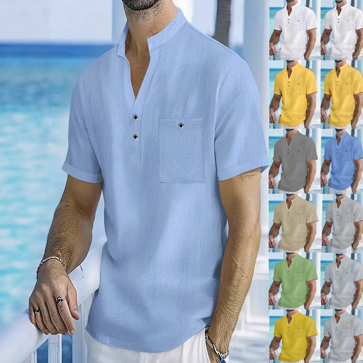 Herren Kurzarm-Hemd mit modischem Stehkragen und Knopfdetails Aliams