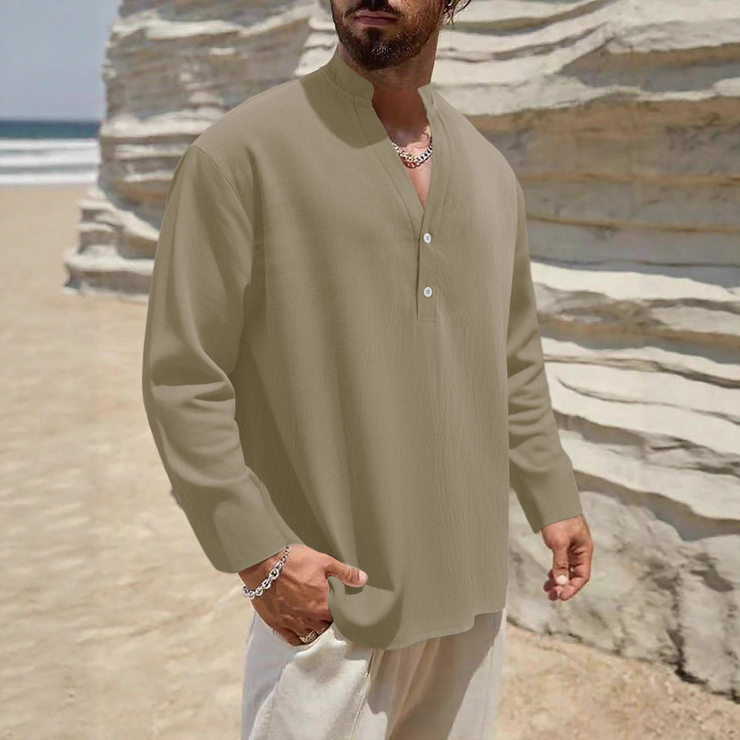 Herren komfortables Langarmhemd mit Stehkragen und Knopfdetails Aliams