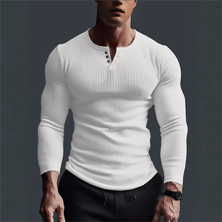Herren eng anliegendes Langarmshirt mit Rippstruktur und Knopfleiste Aliams