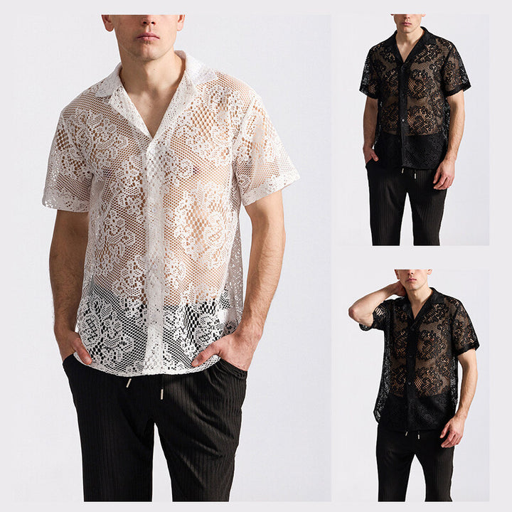 Herren Designer-Hemd aus transparentem Häkelmaterial mit floralem Muster Aliams