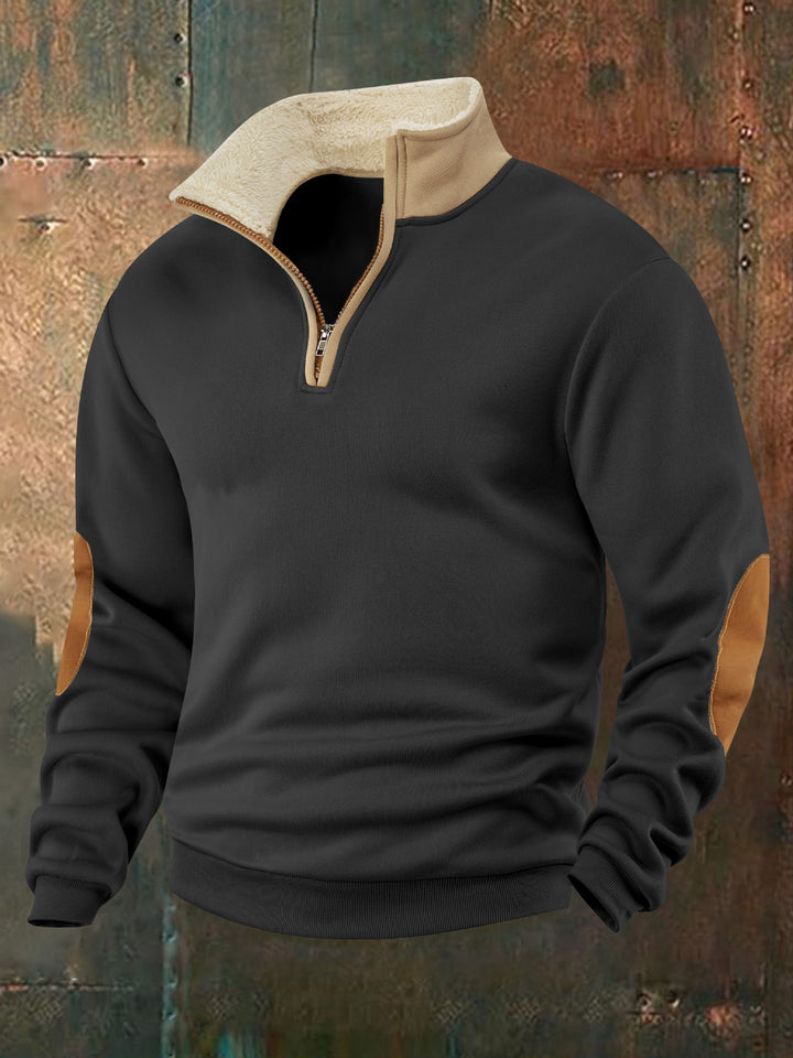 Herren Fleece-Pullover mit hochabschließendem Kragen und modischen Lederapplikationen Aliams