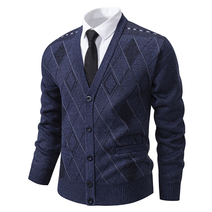Herren elegante Strickjacke mit Rautenmustern und praktischen Taschen Aliams
