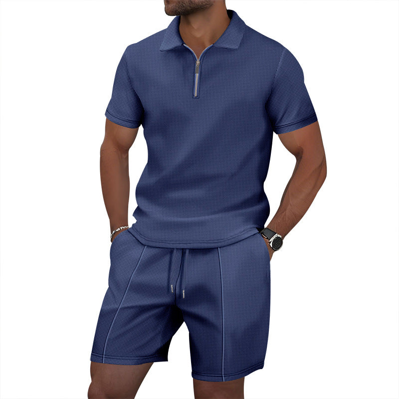 Herren sportliches Kurzarm-Poloshirt und Shorts-Set mit Reißverschluss Aliams