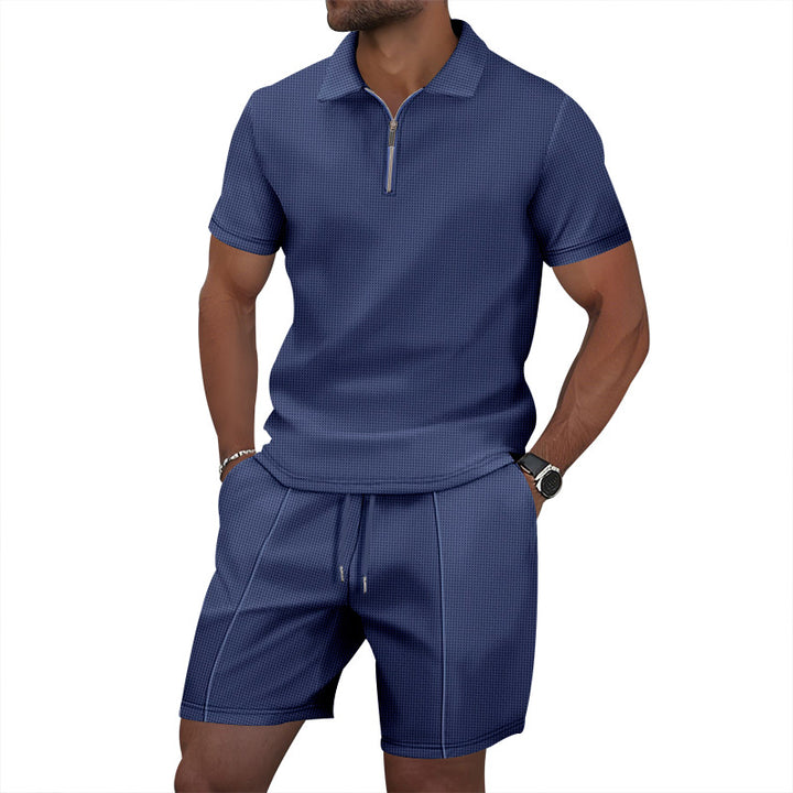 Herren sportliches Kurzarm-Poloshirt und Shorts-Set mit Reißverschluss Aliams