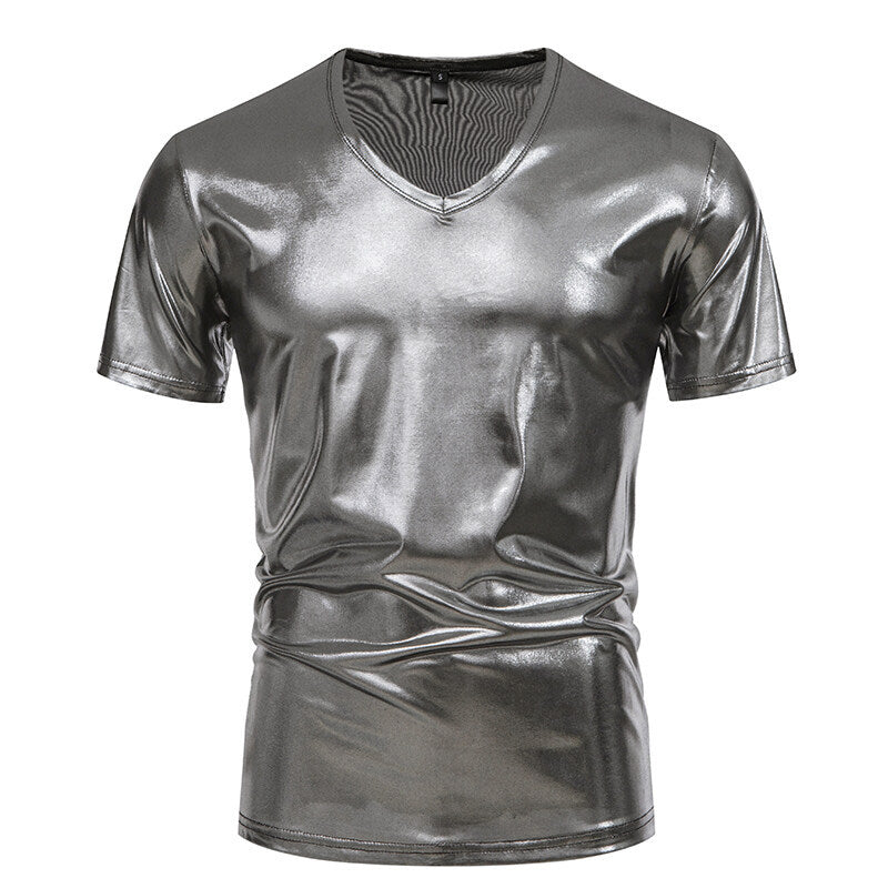 Herren V-Ausschnitt T-Shirt aus glänzendem Material mit persönlichem Stil Aliams