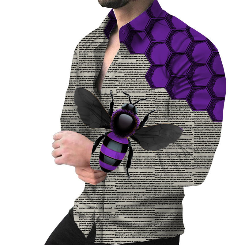 Herren Kreatives Langarmhemd mit künstlerischem Bienenmuster und strukturiertem Design Aliams