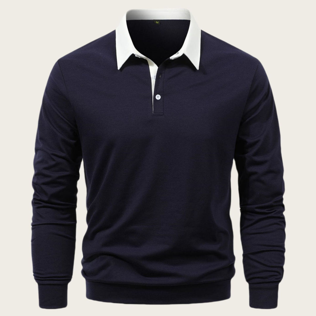 Herren elegantes Langarm-Polohemd mit kontrastierendem Kragen und hochwertiger Baumwolle Aliams