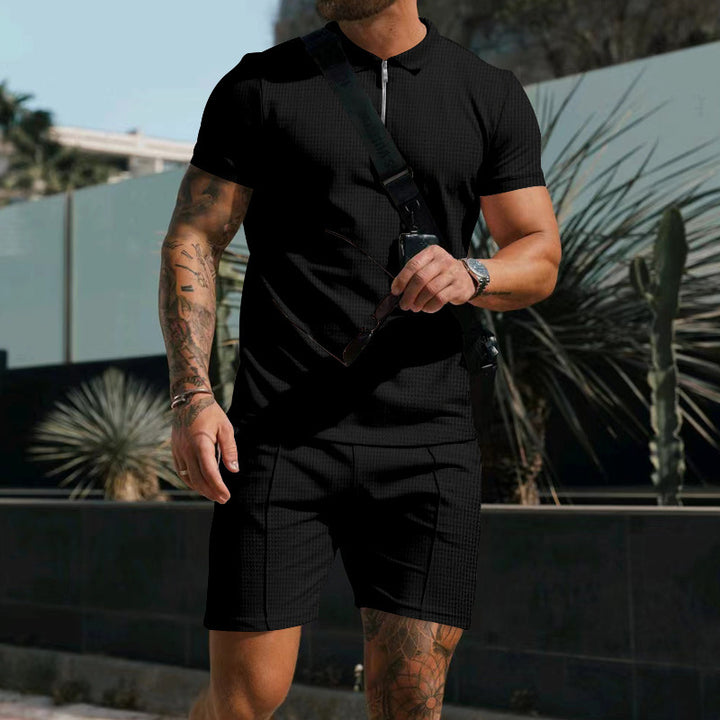 Herren Sportliches Kurzarmshirt mit Reißverschluss und Shorts Set Aliams
