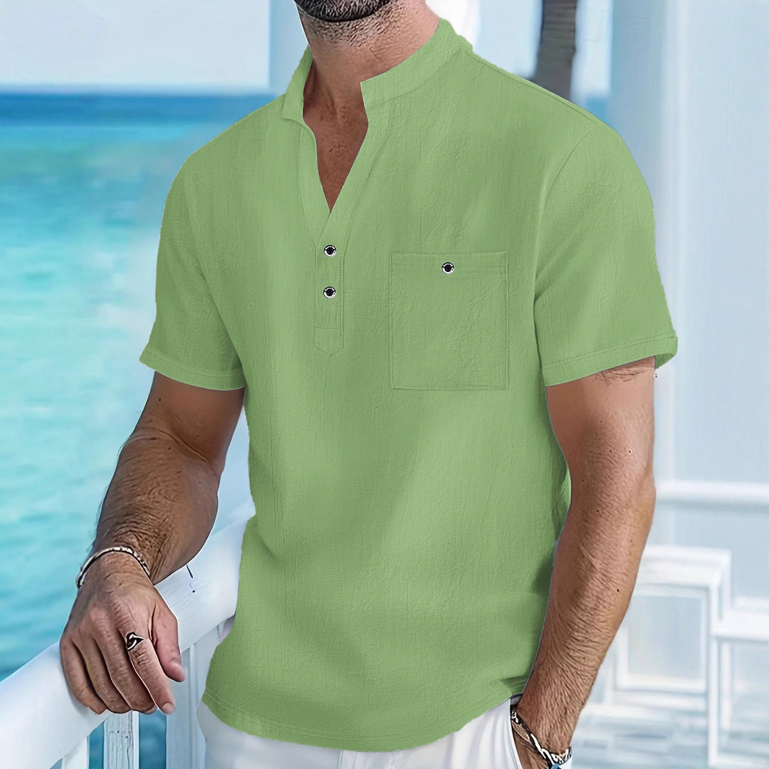 Herren Kurzarm-Hemd mit modischem Stehkragen und Knopfdetails Aliams
