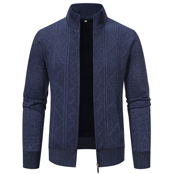 Herren elegante Strickjacke mit strukturiertem Zopfmuster und hohem Kragen Aliams