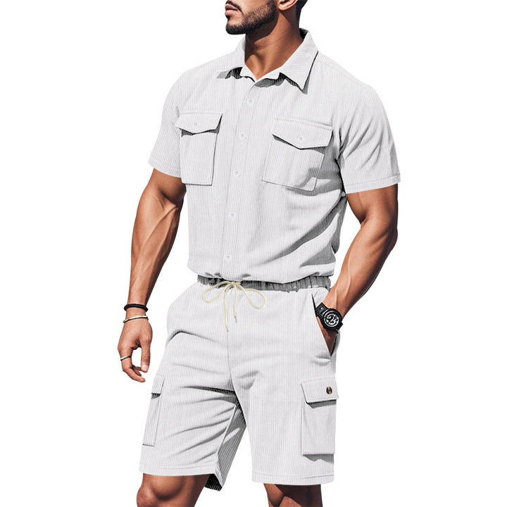 Herren modisches Kurzarm-Hemden- und Cargo-Shorts-Set mit praktischen Taschen und elastischem Bund Aliams
