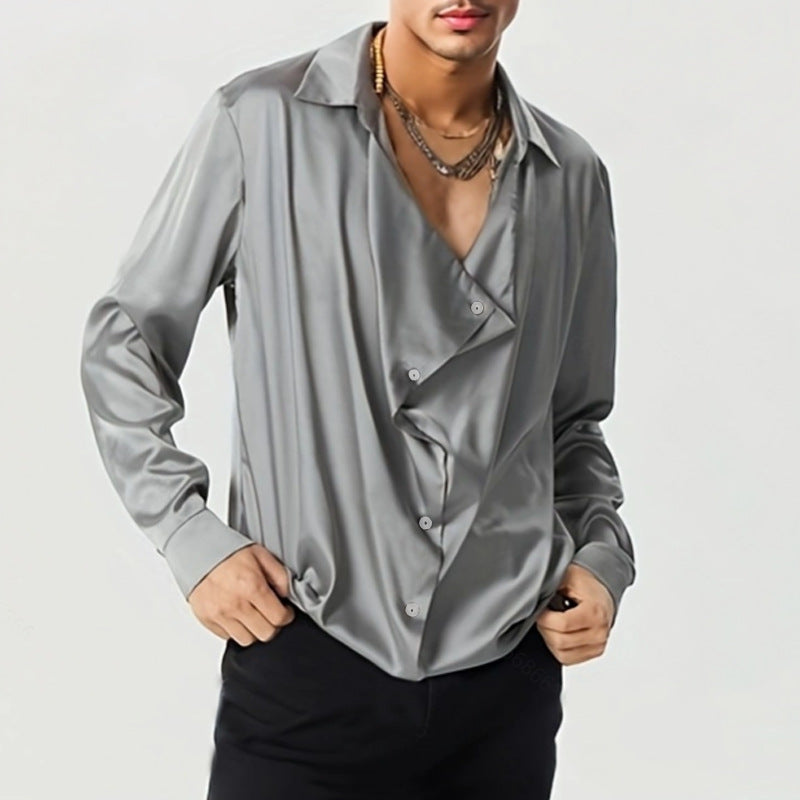 Herren Elegantes Langarmhemd mit drapierter Knopfleiste und seidigem Finish Aliams