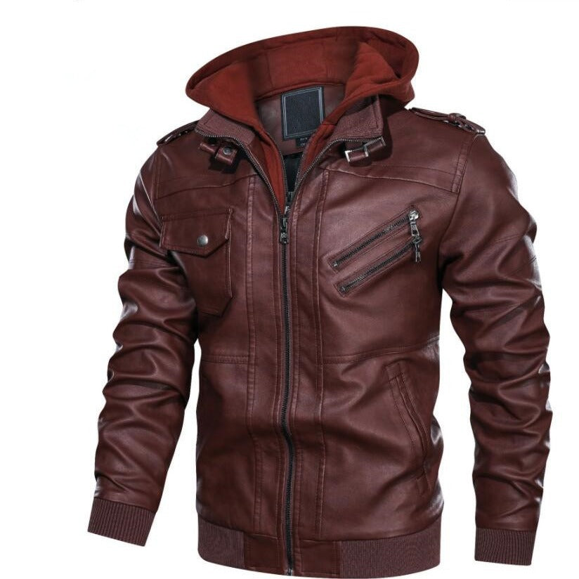 Herren Kunstlederjacke mit Kapuze und praktischen Reißverschlusstaschen Aliams