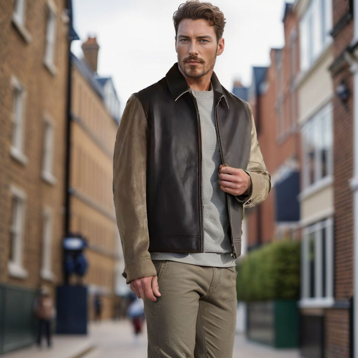 Herren elegante Bikerjacke mit kontrastierenden Cord-Ärmeln Aliams